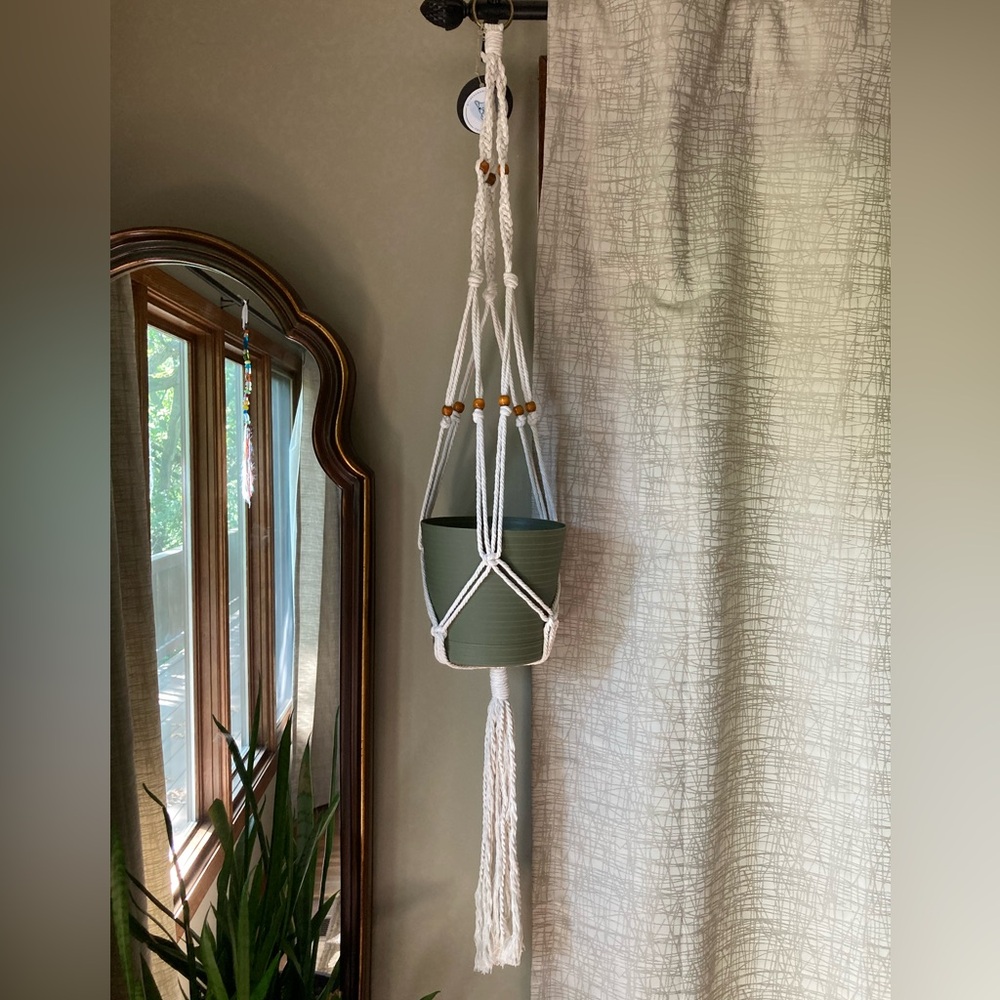 Handcrafted Cream Macrame Plant Hanger with Wooden Beads (Planter Not Included)